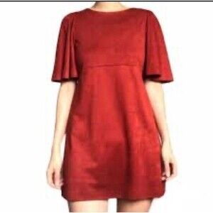 ZARA Women Faux Suede Babydoll Mini Dress Small Zipper Back Bell Sleeve Burgundy